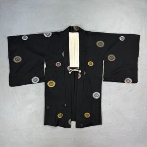 Vintage Japanese Silk Kimono Haori Black w/ Floral Burst Pattern